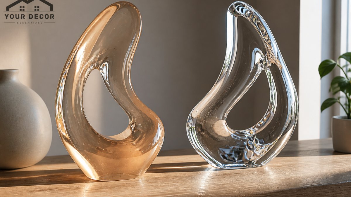 Close-up photograph of a translucent resin abstract sculpture and a clear glass sculpture side by side on a wooden shelf, with soft natural light highlighting their surface qualities and reflections