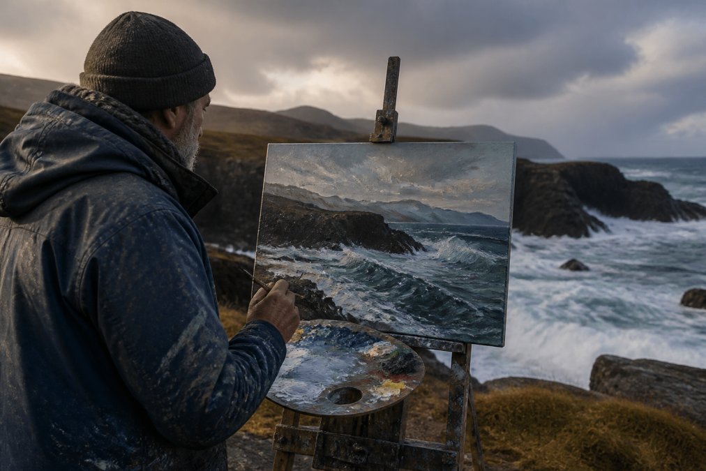 Highland artist painting dramatic Scottish seascape art on a rugged, moody coastline with crashing waves.