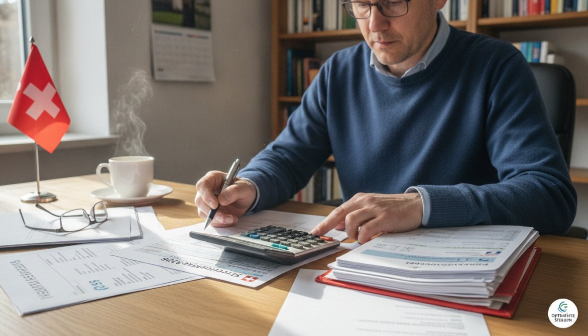 Person an einem Schreibtisch mit Steuererklärungsformularen, Versicherungsdokumenten, Taschenrechner und Laptop, organisierter Arbeitsplatz mit Schweizer Steuerdokumenten