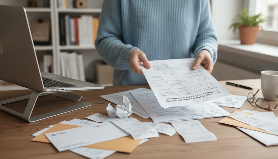 Person sortiert Steuerunterlagen und Belege am Schreibtisch, um Abzüge bei Steuererklärung Schweiz maximieren zu können.