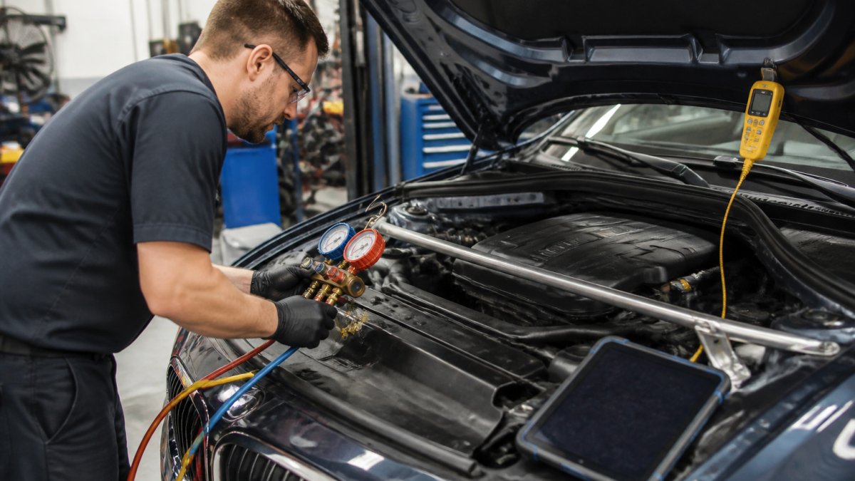 Mechanic using manifold gauges and a digital thermometer to diagnose a car air conditioning system process