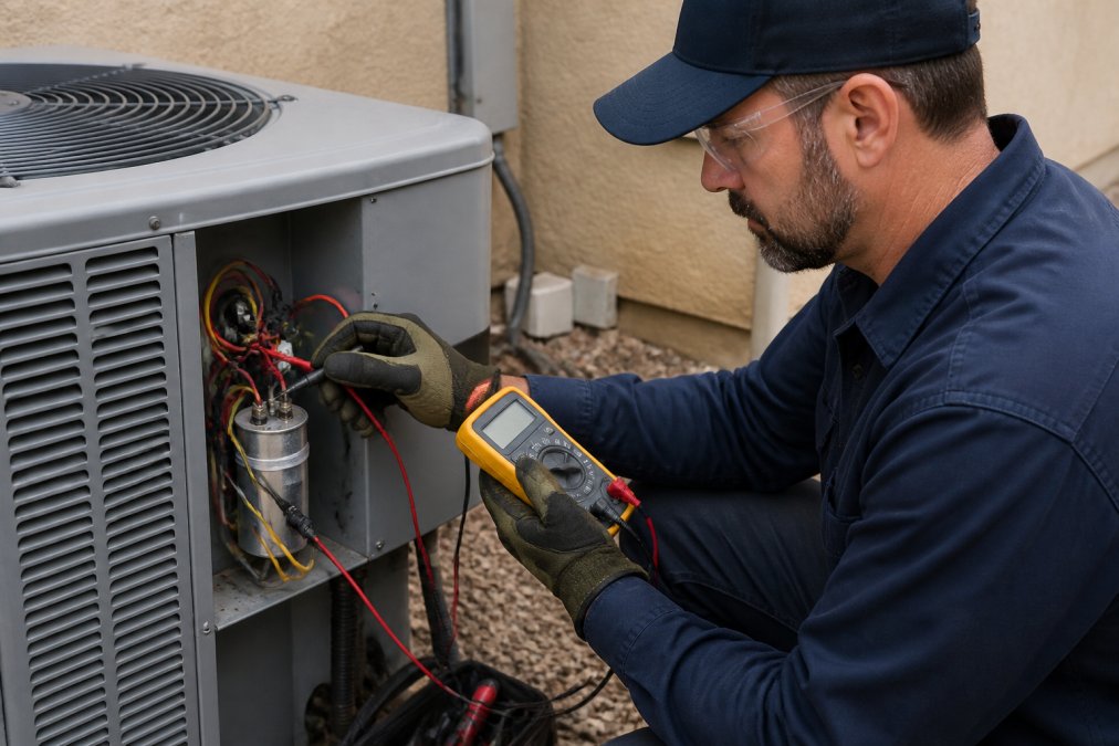 Professional HVAC technician in safety gear and gloves using a multimeter to test an AC capacitor on an outdoor condenser unit, with proper diagnostic equipment visible