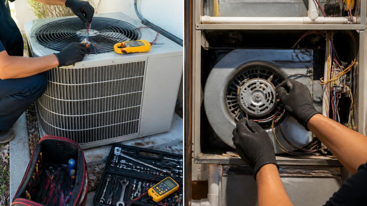 Professional technician's hands inspecting an outdoor AC condenser unit's fan motor with a multimeter and tools laid out on the concrete pad, bright daylight illuminating the equipment