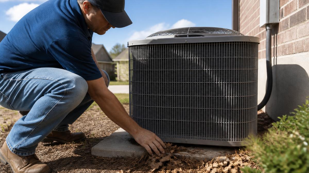 Homeowner inspecting outdoor AC condenser unit, checking for debris around the base and fins, with clear blue sky in background