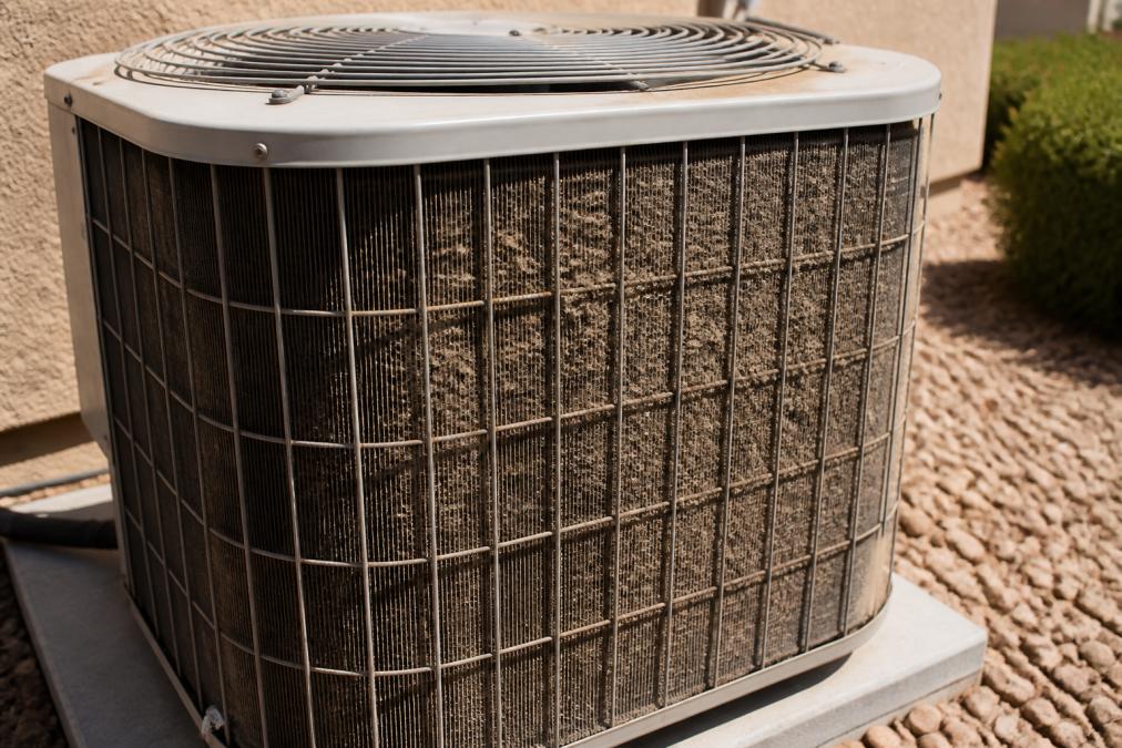 Close-up of an outdoor condenser unit with visible dust accumulation and debris on aluminum fins, mounted against a home exterior during bright afternoon sunlight