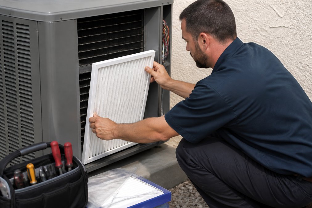 HVAC technician's hands carefully replacing a white pleated air filter in a residential AC unit, with tools and filter box visible on nearby work surface