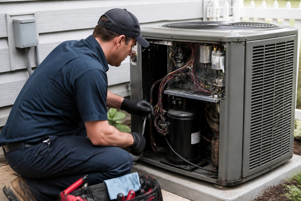 Professional HVAC technician in uniform examining the compressor and condenser unit components of an outdoor air conditioning system during a diagnostic inspection