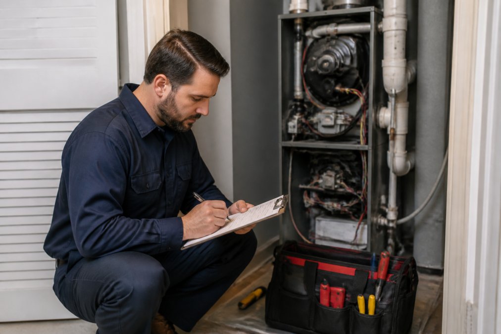HVAC technician in uniform taking detailed notes on a clipboard while inspecting an indoor air handler unit in a residential home's utility closet