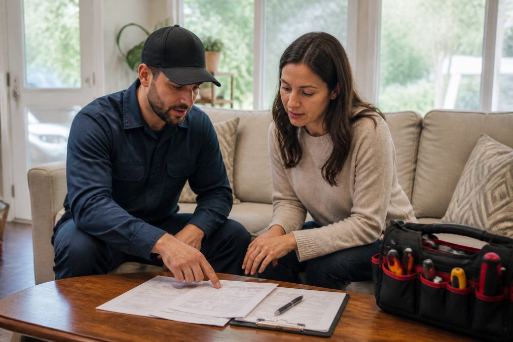 Homeowner reviewing AC repair estimate documents and discussing service options with licensed HVAC technician in living room with natural daylight
