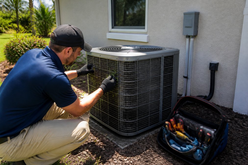 AC Repair Martin County FL: DIY Troubleshooting & When to Call 1 Homeowner inspecting outdoor AC condenser unit in bright daylight, checking fins for debris and plant growth, with the unit clearly visible against a residential home exterior