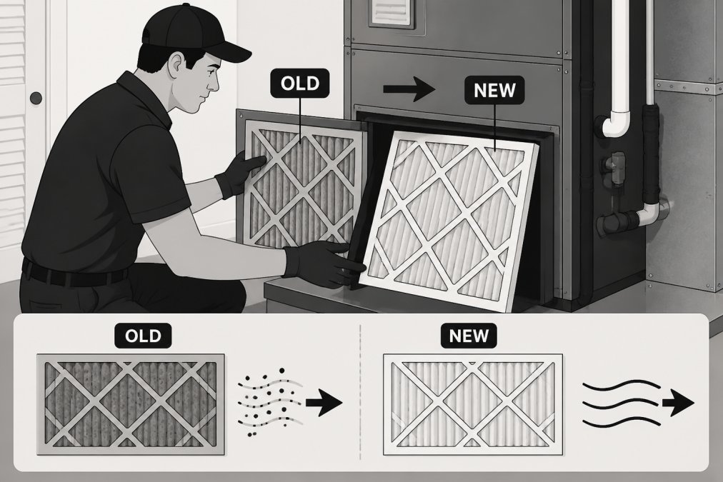 AC Repair Martin County FL: DIY Troubleshooting & When to Call 2 HVAC technician replacing air filter in residential furnace system, showing the filter slot with old filter being removed and new filter being inserted, bright utility room lighting