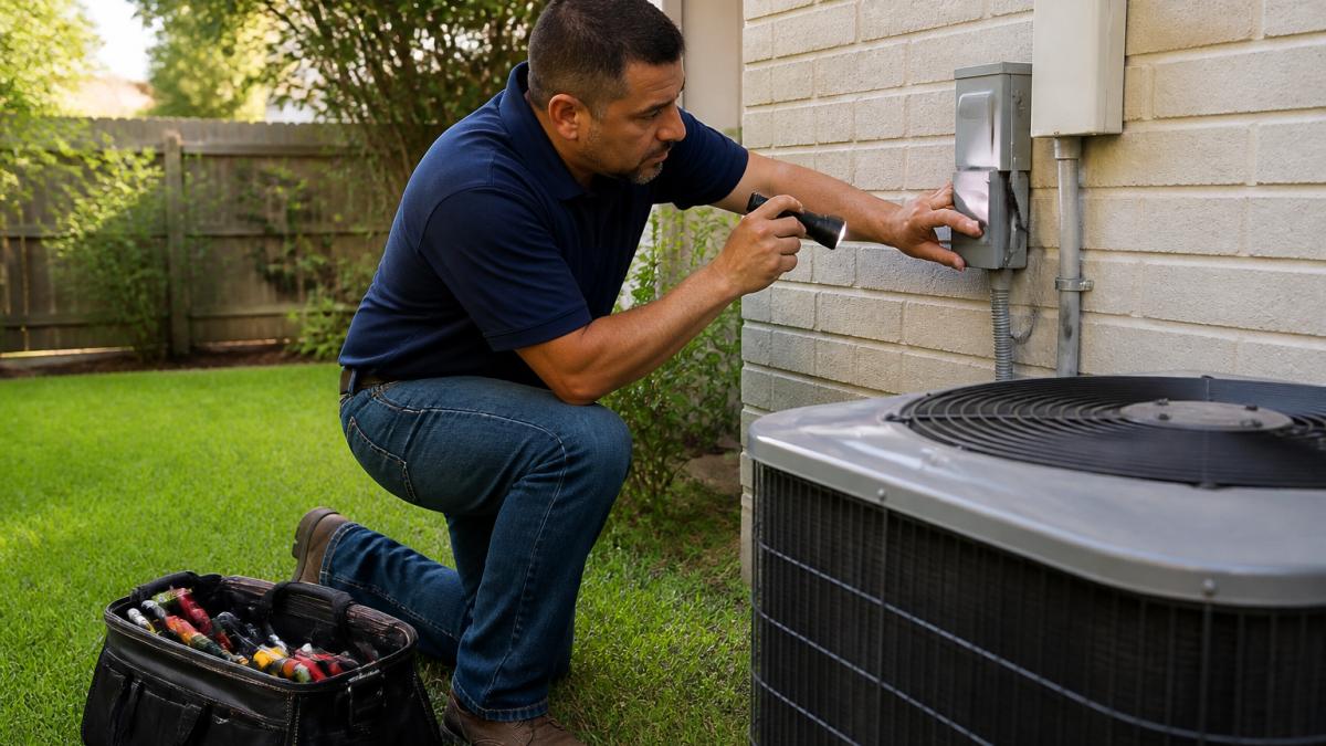 A homeowner in casual clothes kneeling beside an outdoor AC condenser unit in a suburban backyard, holding a flashlight and checking the disconnect switch, with a toolbox nearby and green grass visible