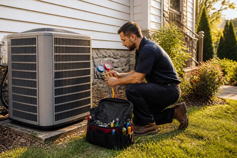 HVAC technician performing emergency AC repair in Union County on a residential outdoor condenser unit