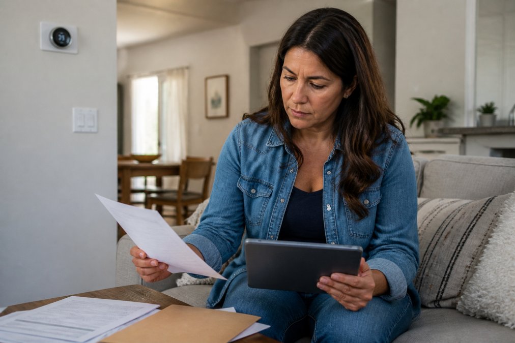 A Las Vegas homeowner in a bright living room reviewing paperwork and a tablet showing energy efficiency information, with a wall thermostat visible in the background