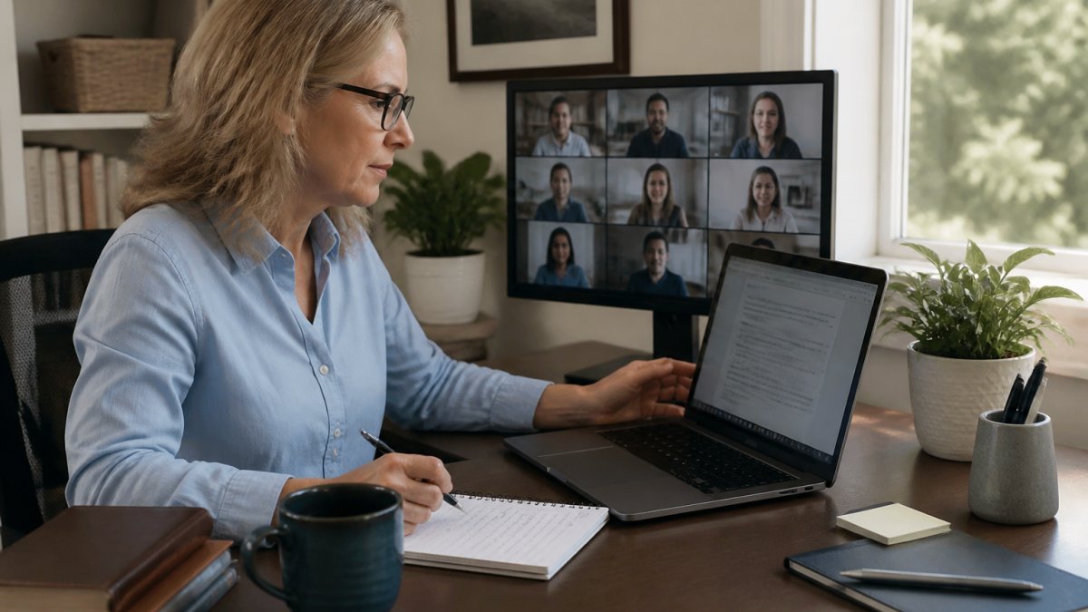 Process diagram of an online instructor managing a virtual classroom and reviewing documents at a home desk.