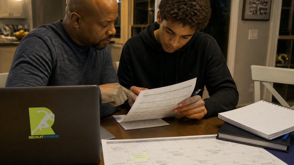 High school athlete and parent reviewing an academic eligibility checklist and transcript portal at home