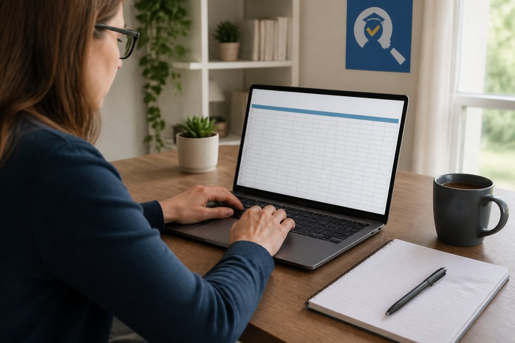 A person working on a laptop with a spreadsheet open on the screen, a notebook and pen beside it, and a coffee mug on a home desk in a bright room