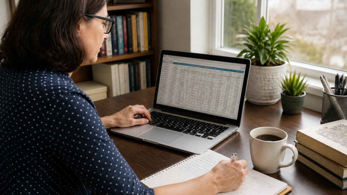 Dashboard interface showing an academic job application tracker with notes and coffee on a home office desk.