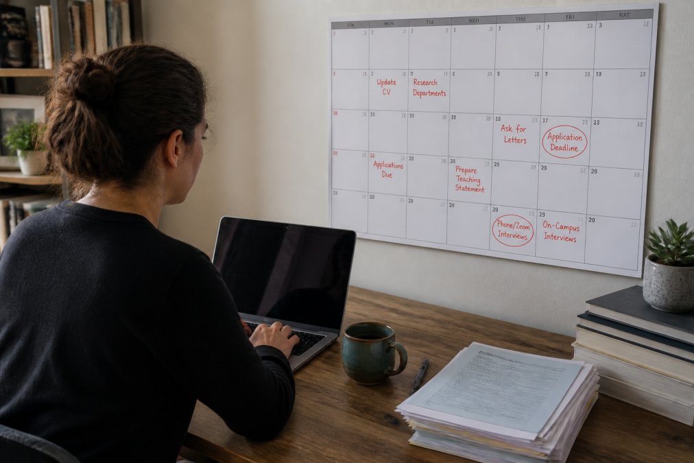 Postdoc checking an academic job search timeline on a laptop at a desk with a marked calendar and coffee.
