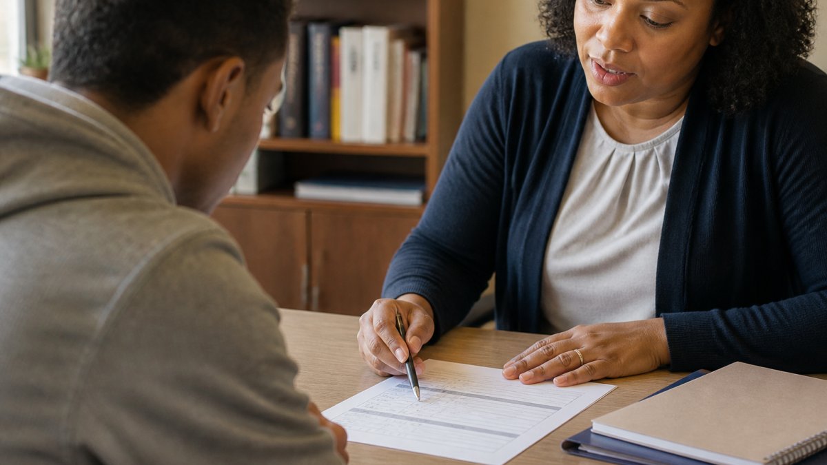 A facilitator sitting across from a participant at a table, reviewing a printed assessment worksheet together in a bright office with soft daylight