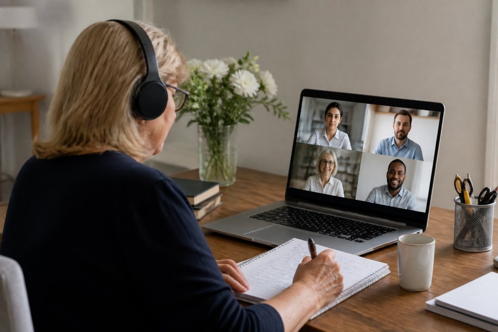 Person participating in a remote academic interview on a laptop while taking notes at a home desk