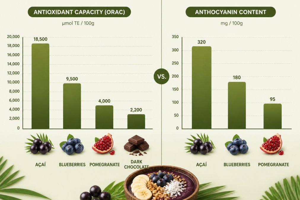 Bar chart comparing antioxidant capacity (ORAC values) of açai versus blueberries, pomegranate, and dark chocolate; showing anthocyanin content at 320mg per 100g for açai, 180mg for blueberries, 95mg for pomegranate