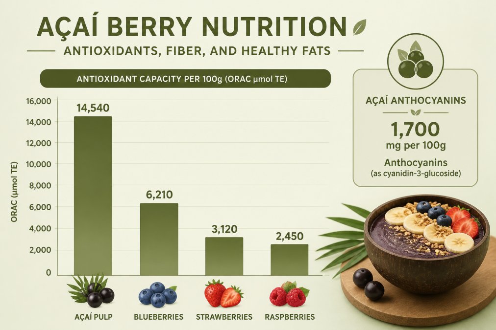 Bar chart comparing antioxidant capacity per 100g serving: acai pulp highest, then blueberries, strawberries, and raspberries, with acai's anthocyanin content labeled