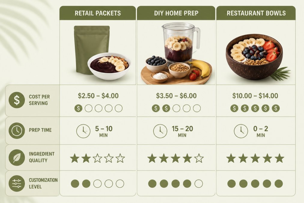 Comparison matrix showing cost per serving, prep time, ingredient quality ratings, and customization levels across retail packets, DIY home prep, and restaurant-prepared bowls