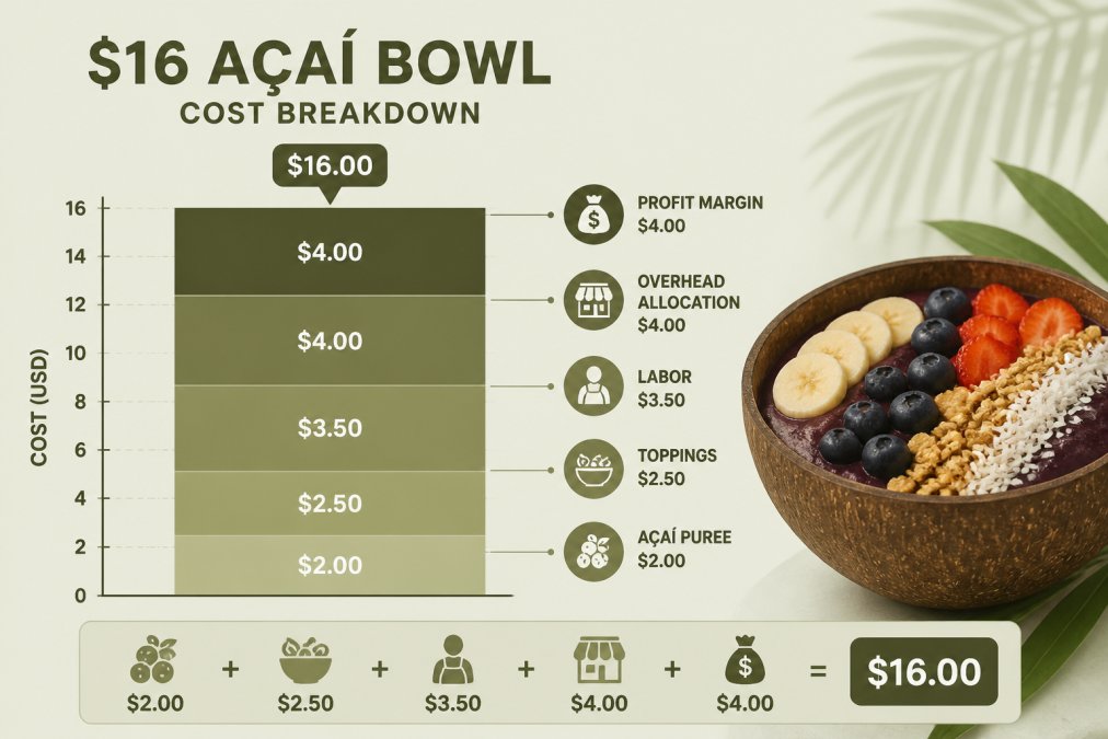 Stacked bar chart showing cost breakdown for $16 acai bowl: acai puree $2.00, toppings $2.50, labor $3.50, overhead allocation $4.00, profit margin $4.00