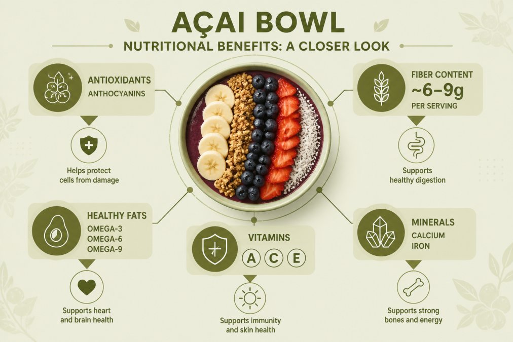 Infographic showing the main nutritional components of an acai bowl: antioxidants (anthocyanins), fiber content (~6-9g per serving), healthy fats (omega-3, omega-6, omega-9), vitamins (A, C, E), and minerals (calcium, iron), with icons and brief benefit labels for each