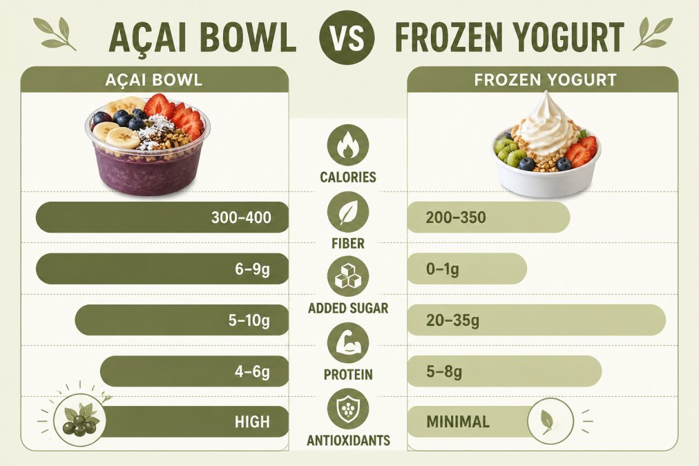 Side-by-side bar chart comparing key macronutrients per serving: calories (acai bowl ~300-400 vs froyo ~200-350), fiber (acai bowl ~6-9g vs froyo ~0-1g), added sugar (acai bowl ~5-10g vs froyo ~20-35g), protein (acai bowl ~4-6g vs froyo ~5-8g), antioxidants (acai bowl high vs froyo minimal)