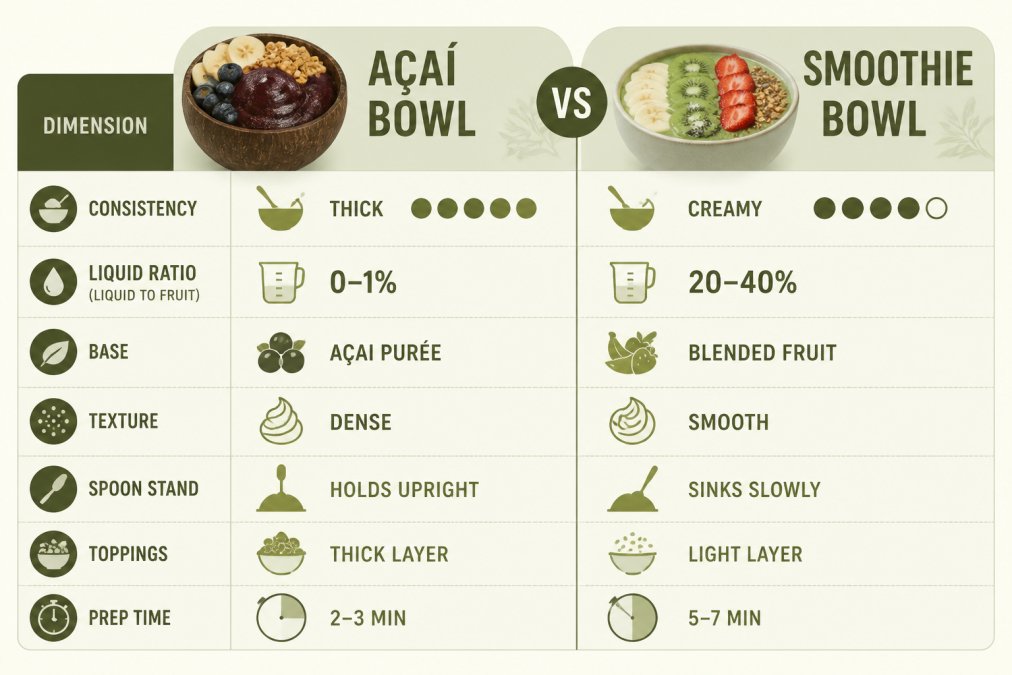 Comparison matrix showing açaí bowl vs smoothie bowl across 7 dimensions with specific consistency ratings, liquid ratios, and prep times