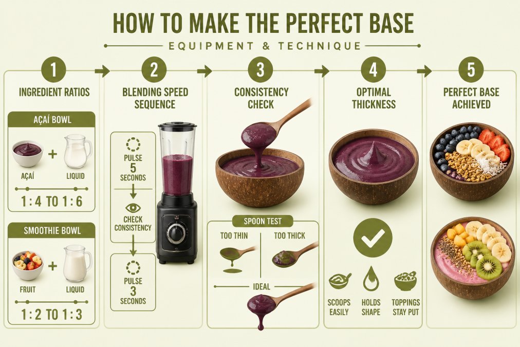 Flowchart showing blending process: ingredient ratios (1:4 to 1:6 for açaí, 1:2 to 1:3 for smoothie) → blending speed sequence (pulse 5 seconds, check consistency, pulse 3 seconds) → consistency check (spoon test for thickness) → optimal thickness achievement