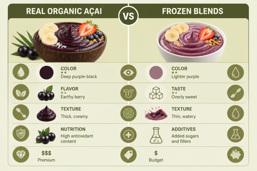 Comparison matrix showing Real Organic Açai (deep purple-black color, earthy berry flavor, thick creamy texture, high antioxidant content, premium pricing) vs. Frozen Blends (lighter purple, overly sweet taste, thin watery texture, added sugars and fillers, budget pricing)
