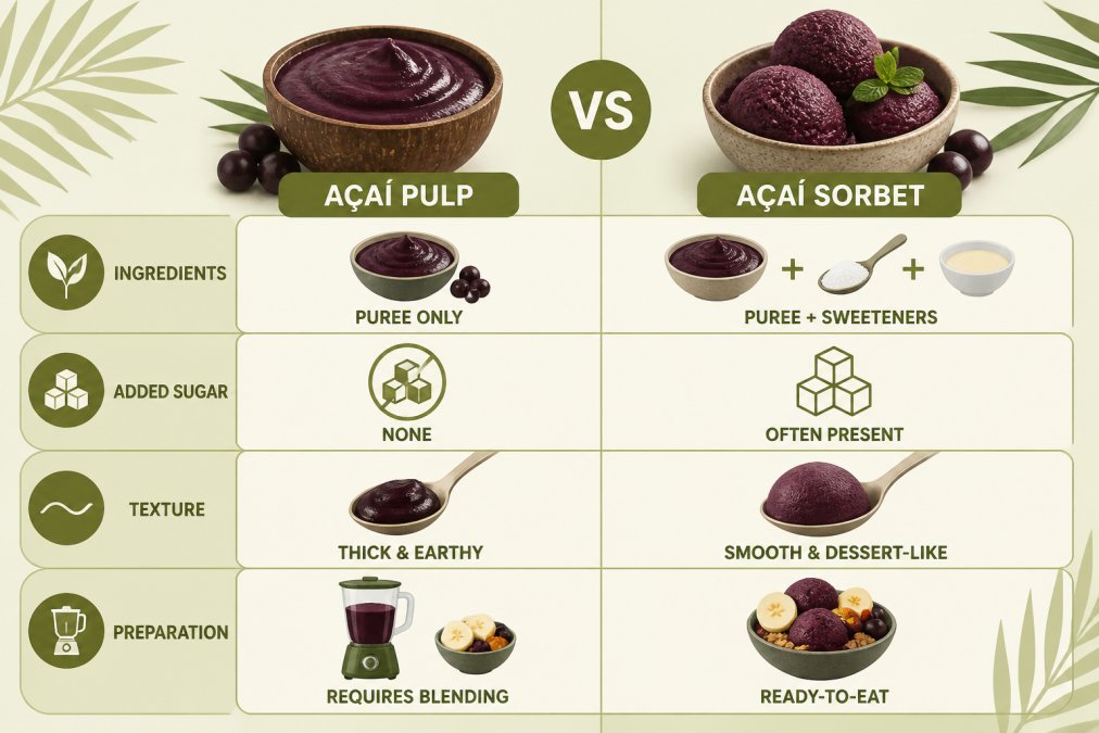 Comparison matrix of acai pulp vs acai sorbet across four dimensions: ingredients (puree only vs puree plus sweeteners), added sugar (none vs often present), texture (thick and earthy vs smooth and dessert-like), and preparation (requires blending vs ready-to-eat)