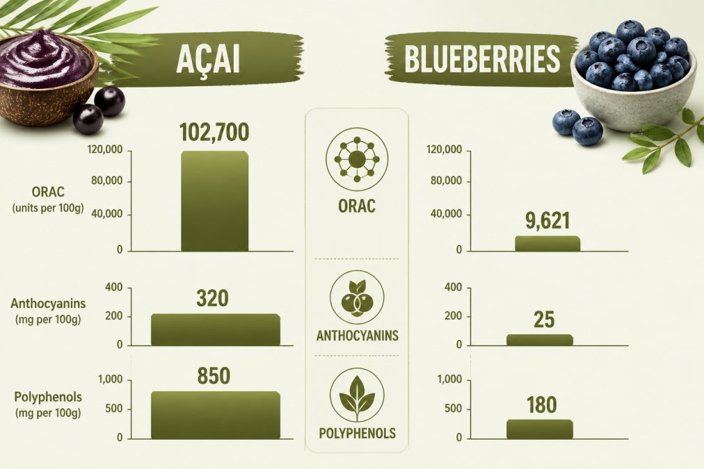 Bar chart comparing antioxidant capacity: Açai 102,700 ORAC units per 100g, Blueberries 9,621 ORAC units per 100g, showing anthocyanin content Açai 320mg vs Blueberries 25mg, polyphenol content Açai 850mg vs Blueberries 180mg
