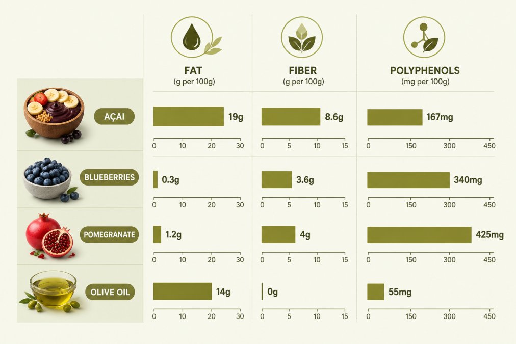 Bar chart comparing nutritional profiles: Açai 19g fat + 8.6g fiber + 167mg polyphenols per 100g, Blueberries 0.3g fat + 3.6g fiber + 340mg polyphenols per 100g, Pomegranate 1.2g fat + 4g fiber + 425mg polyphenols per 100g, Olive Oil 14g fat + 0g fiber + 55mg polyphenols per 100g