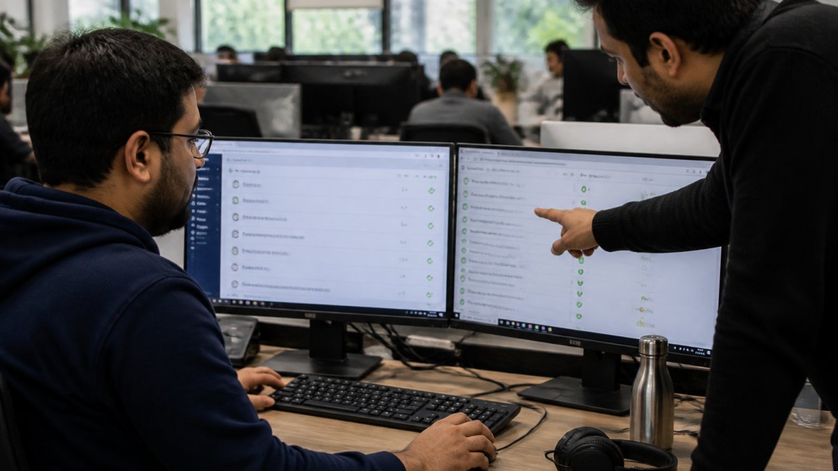 A DevOps engineer at a dual-monitor workstation reviewing a CI/CD pipeline dashboard showing database provisioning jobs, with a colleague pointing at the screen in a modern open-plan office