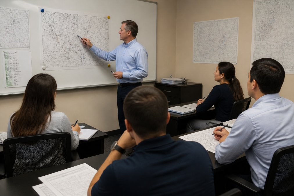 An instructor at a whiteboard in a small classroom, pointing to a weather map while four adult students in business casual take notes at desks with laptops and printed flight plans