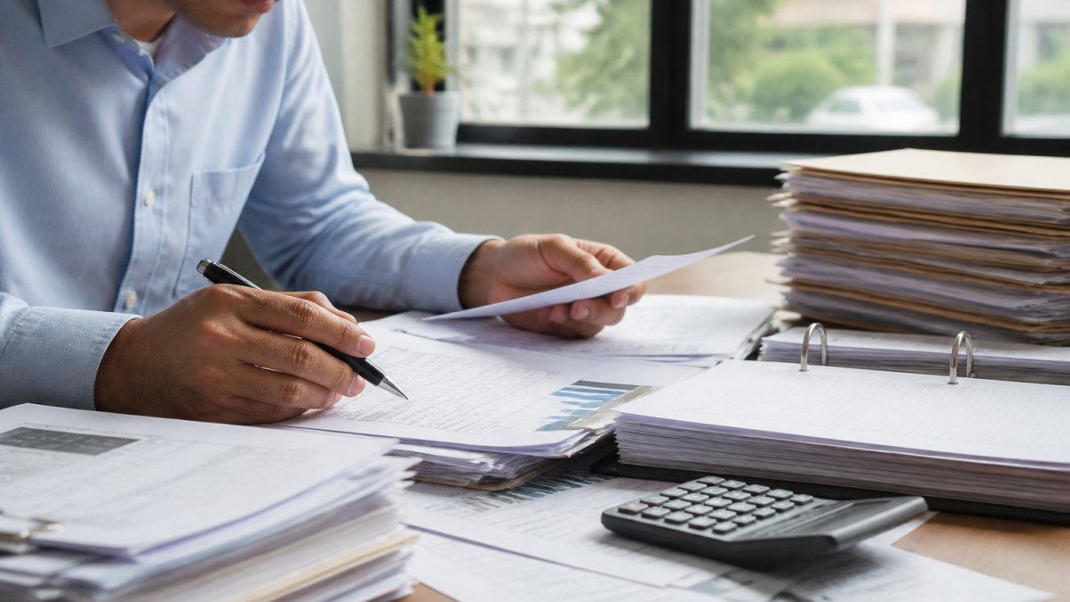 Commercial loan officer reviewing financial statements and credit reports at a desk with multiple documents and a computer monitor, natural office lighting