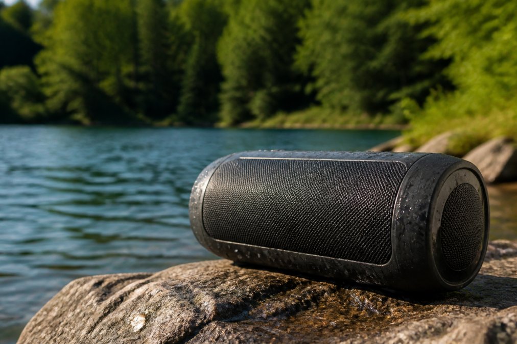 O boxă Bluetooth portabilă mare așezată pe o stâncă lângă un lac, cu picături de apă vizibile pe suprafața sa, în lumina naturală a după-amiezii, cu vegetație verde în fundal