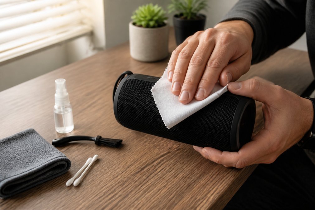 Mâini care curăță cu grijă o boxă portabilă compactă cu o lavetă microfibră albă, pe o masă de lucru ordonată cu accesorii de îngrijire electronice, lumină naturală din lateral