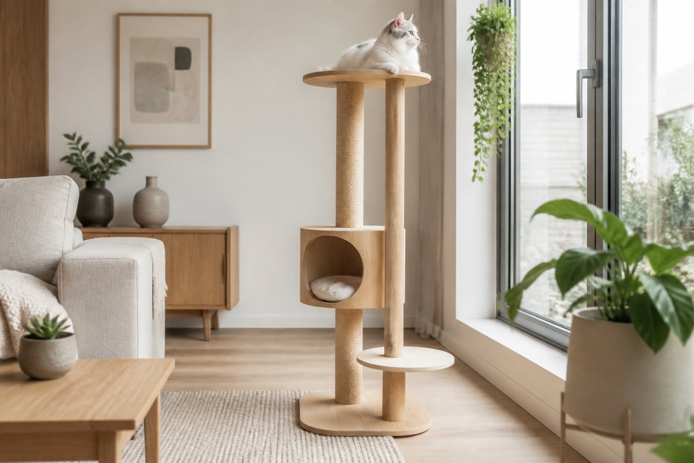 Rascador de diseño estilo nórdico en madera clara dentro de una sala moderna y luminosa, con un gato descansando en la plataforma superior junto a una ventana con luz natural