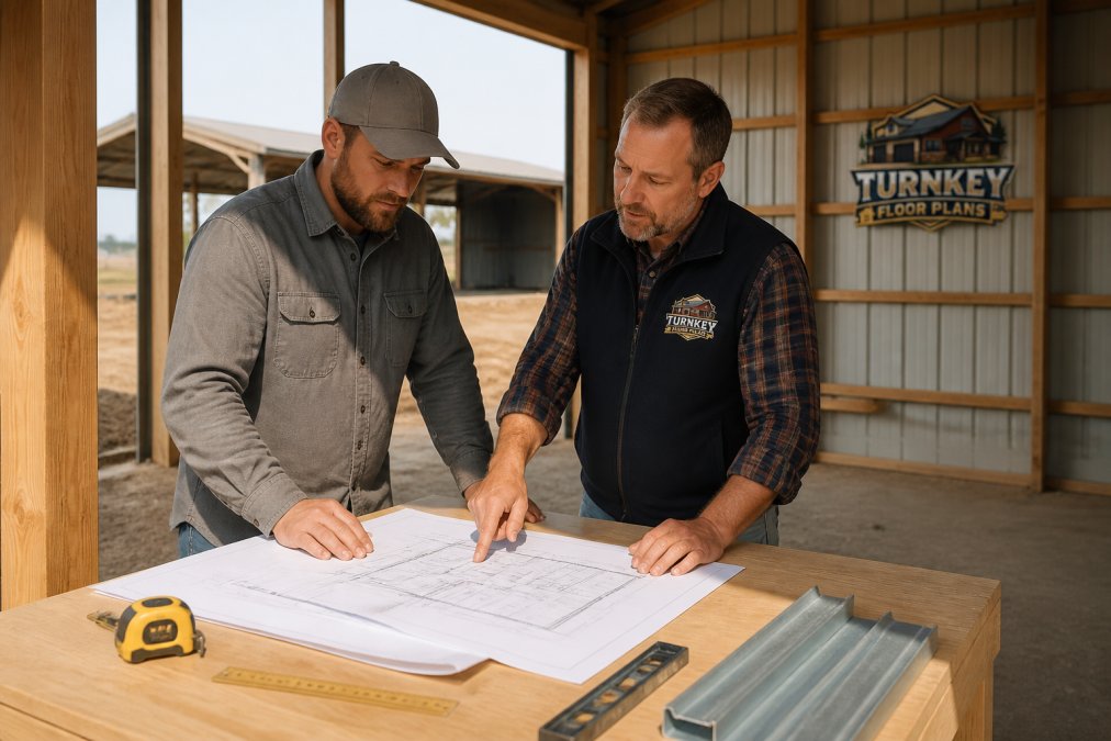 Prospective builder reviewing floor plans and discussing project scope with general contractor at metal building construction site, natural daylight