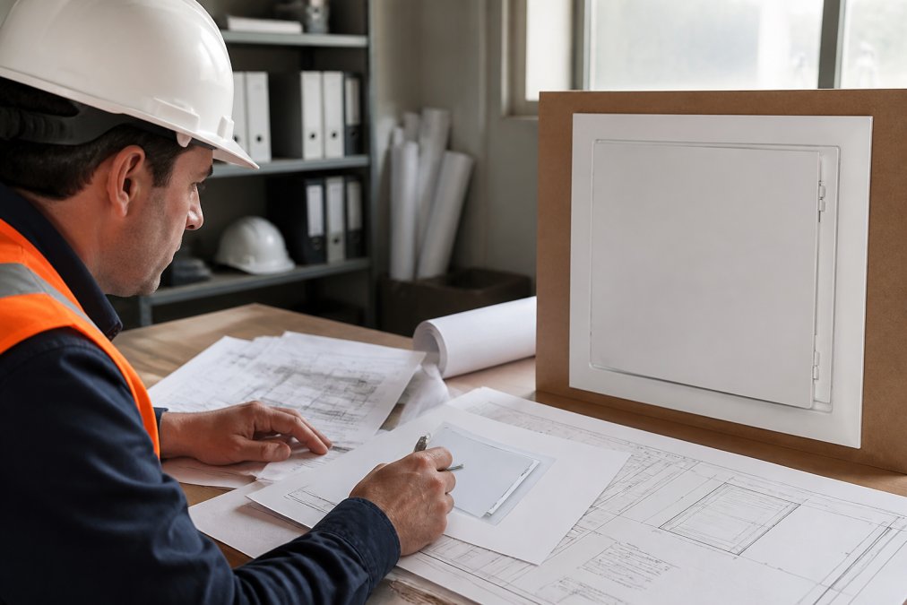 Contractor reviewing technical documentation on a computer screen in a job site office, with blueprints and specification sheets visible on the desk