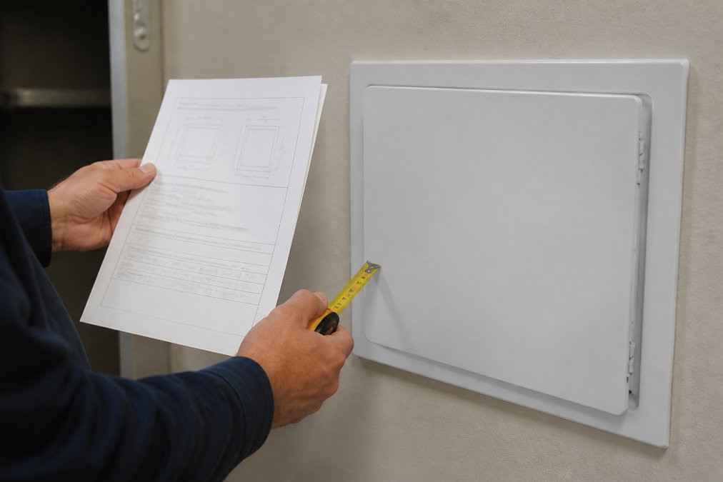 Close-up of a facility manager's hands holding an access door specification sheet next to an installed access door, showing measurement verification