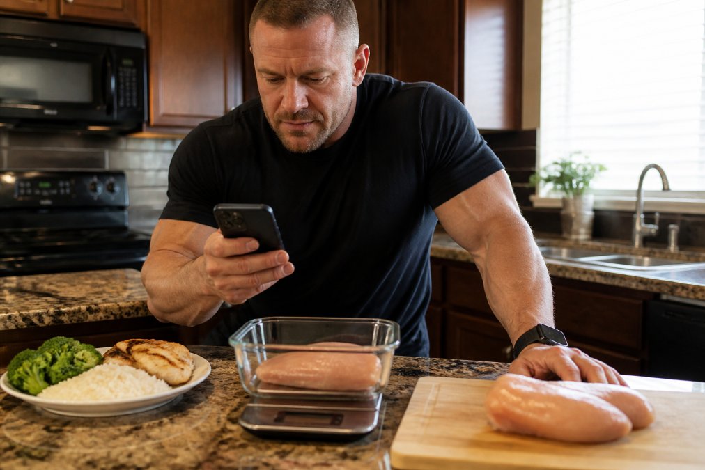 A fitness-focused person in a home kitchen, smartphone in one hand logging a meal into a macro tracking app, with a food scale, chicken breast, rice, and broccoli on the counter in front of them