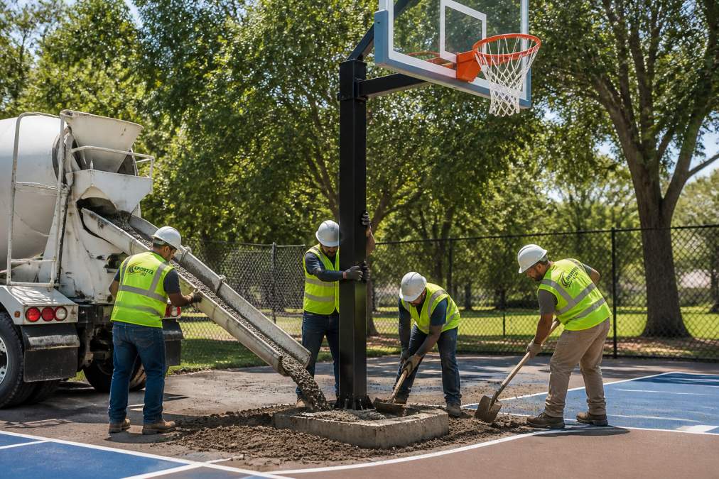 Construction crew installing a heavy-duty in-ground basketball hoop on an outdoor park court with a concrete footing.