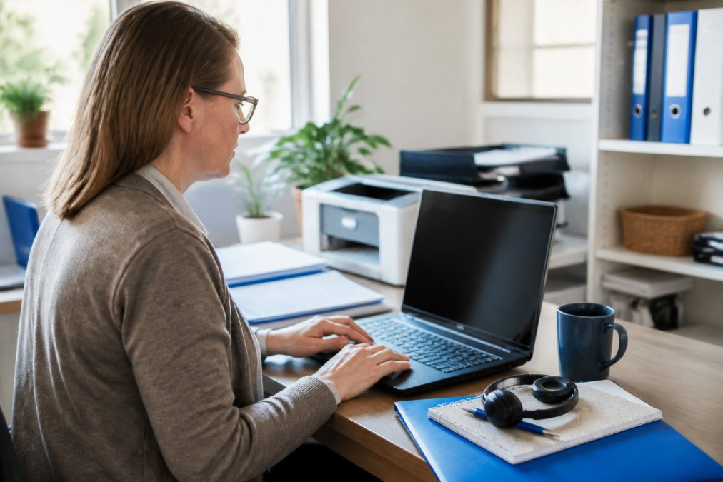 A non-profit staff member reviewing a donor database on a laptop with a screen reader visible, in a bright office setting
