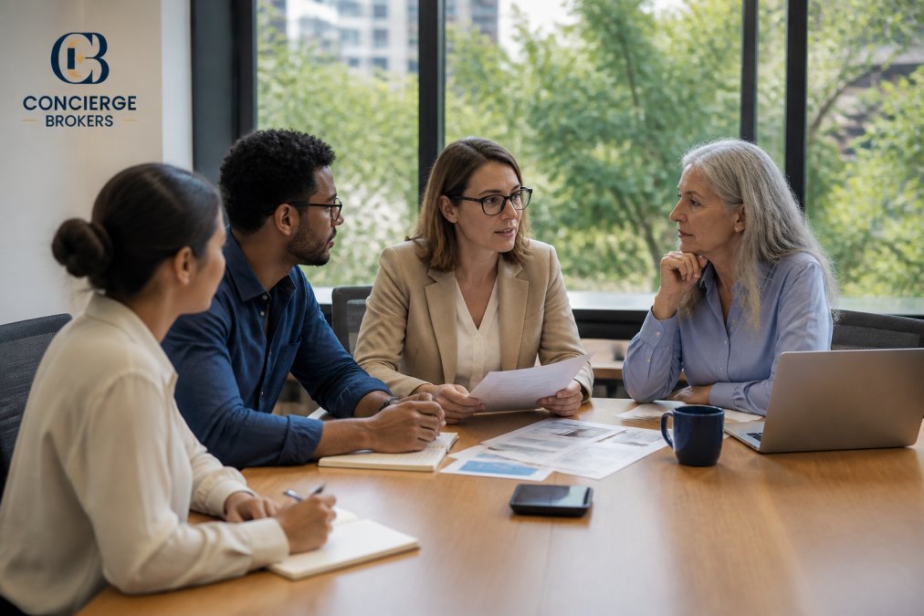 A diverse team of professionals reviewing a detailed accessibility compliance dashboard on a large monitor in a modern glass-walled meeting room with natural daylight